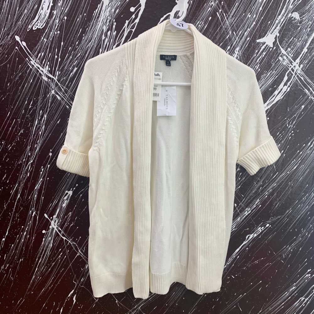 Talbots Ivory White Open Front Cardigan Short Sleeve Cable Knit Shawl Collar S